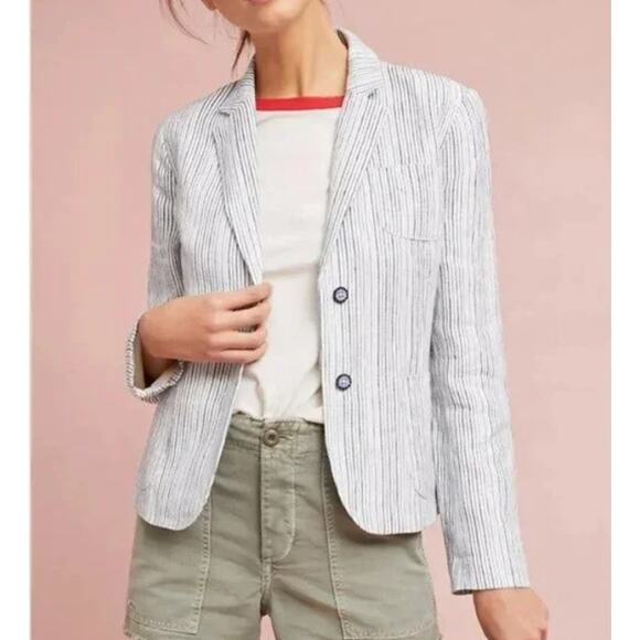 Anthropologie Cartonnier Beachy Linen Blue Ticking Stripe Blazer Jacket Size 4 - Picture 1 of 9